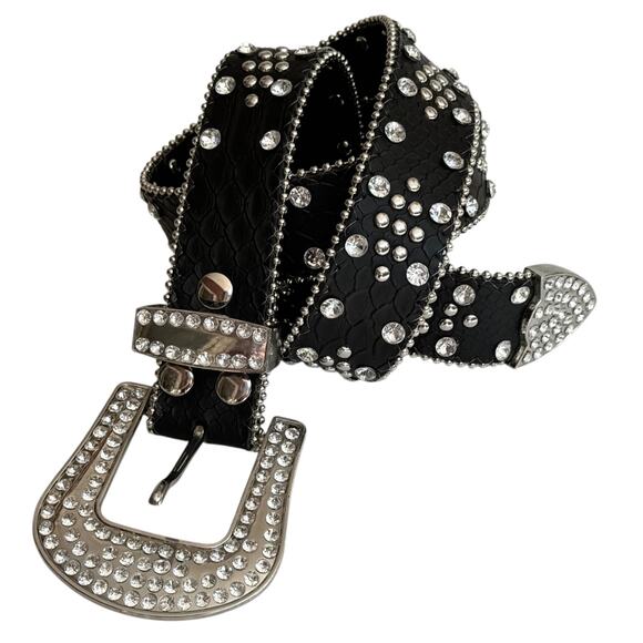 Rhinestone Studded Black BELT 34-38” Vegan Leather Western Cowboy Women's Medium - Picture 6 of 7